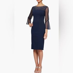 Alex Evenings Navy Dress with Sheer Sleeves
